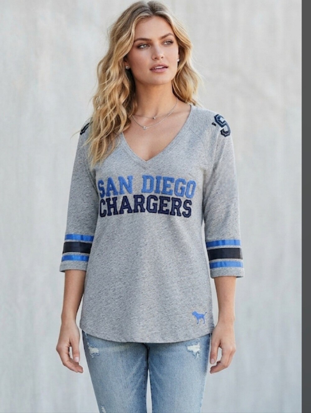 Pink Victoria's Secret San Diego Chargers NFL 3/4 Sleeve V-Neck Top Gray Blue Lg